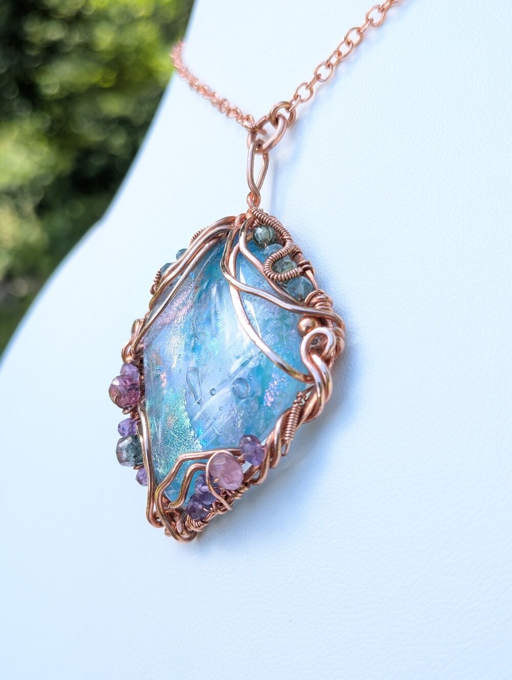 Mermaid Goddess Pendant Artisan Crafted Copper Wire Wrap Design On Copper Chain - Picture 11 of 16